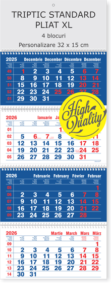 cel mai bine vandut calendar de perete triptic pliat XL 4 luni albastru 2026