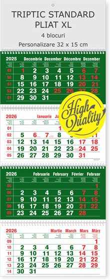 calendar de perete triptic pliat XL 4 luni verde 2026