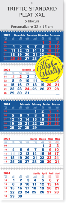 calendar triptic de perete pliat 5 luni albastru 2026, Colectia Alsacian, inaltime peste 1 metru