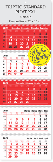 calendar de perete triptic pliat 5 luni rosu 2026